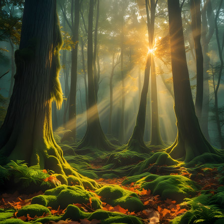 Fantasy green forest with sunbeams passing through the trees.の素材