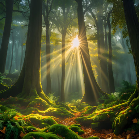 Fantasy forest with sun rays and fog. 3D rendering.の素材