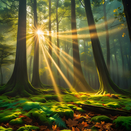 Beautiful fantasy forest with rays of light shining through the trees.の素材