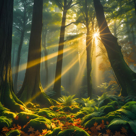 Fantasy forest with sunbeams shining through trees and fernsの素材