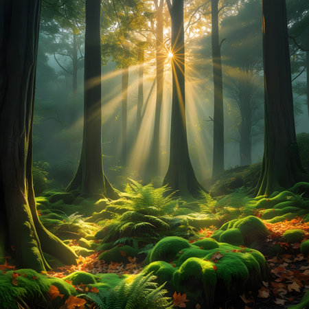 Fantasy forest with sunbeams and fog. 3d renderの素材