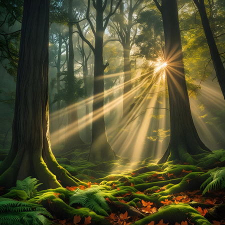 Fantasy forest with rays of light shining through the tree trunksの素材