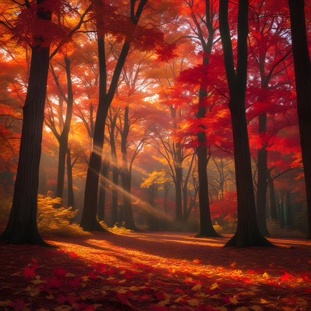 Beautiful autumn forest with fog and sun rays - 3d renderの素材