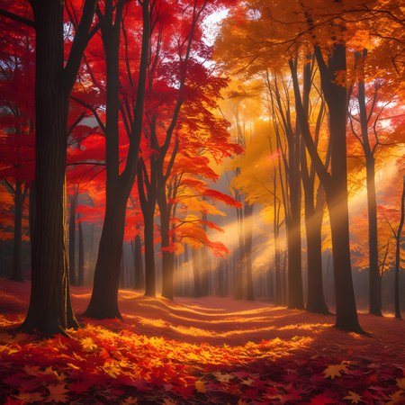 Autumn forest with sun rays and fog. 3D illustration.の素材