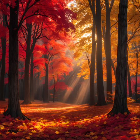 Autumn forest with fog and rays of light. Vector illustration.の素材
