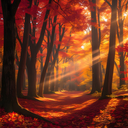 Autumn forest with sun rays and falling leaves, 3d renderの素材