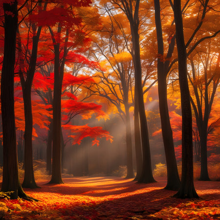 Autumn forest with sun rays and fog. 3D render.の素材