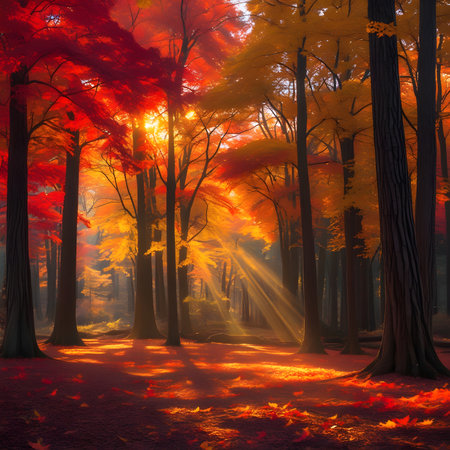Autumn forest with bright sunbeams, 3d render illustrationの素材