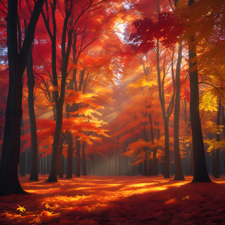 Autumn forest with sunbeams, 3d render, nature backgroundの素材