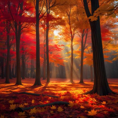 Autumn forest with fog and sunbeams, 3d renderの素材