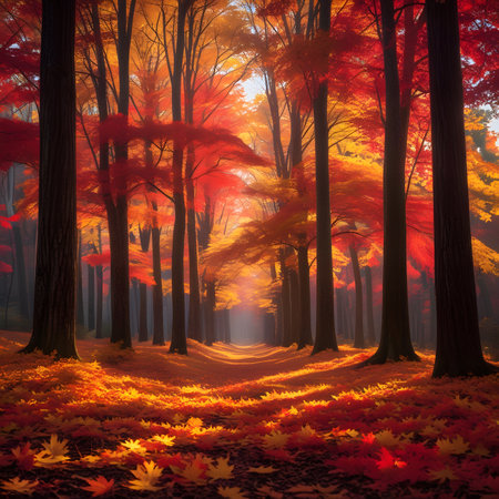 Autumn forest with fallen leaves in the morning, 3d renderの素材
