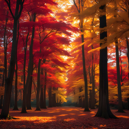 Autumn forest with red trees in the morning, 3d renderの素材