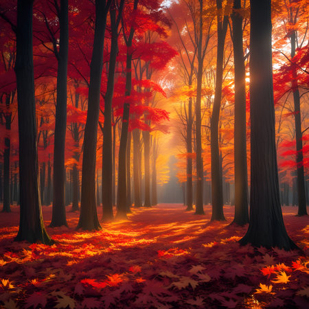 Autumn forest with sun rays in the morning, 3d renderの素材