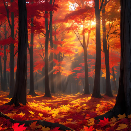 Autumn forest with sunbeams and falling leaves, 3d renderの素材