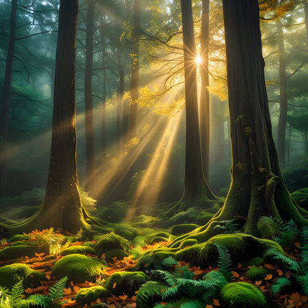 Fantasy forest with sunbeams shining through the tree trunksの素材