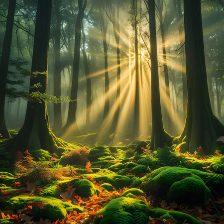 Fantasy forest with rays of light shining through the trees and mossの素材