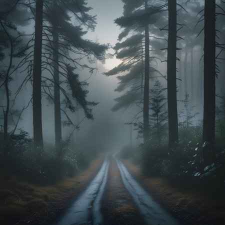 Foggy forest road in the morning. 3D Renderingの素材