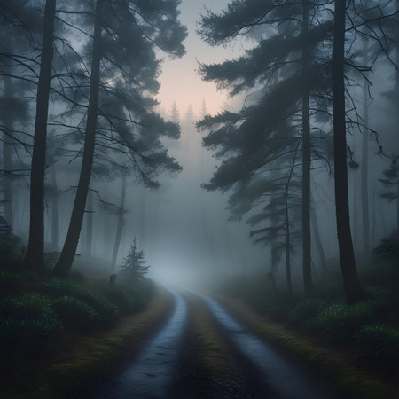 Mystical dark forest with fog and road. 3D renderingの素材