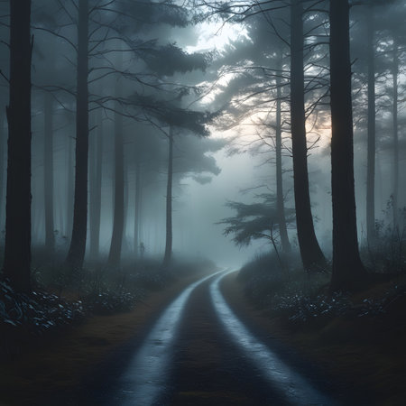 Mysterious dark forest road in a foggy day - 3D renderの素材