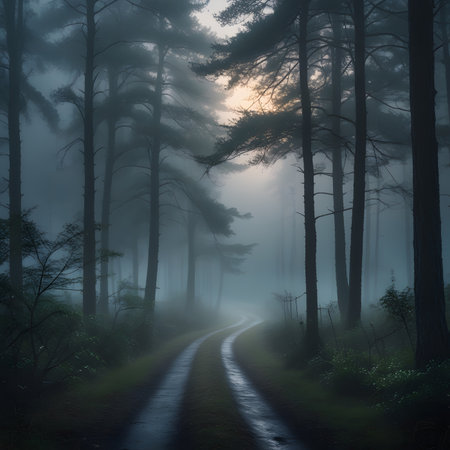 Road in the misty pine forest at sunrise. Nature composition.の素材