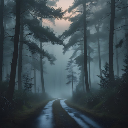 Foggy forest road in the morning. Fantasy nature landscape.の素材