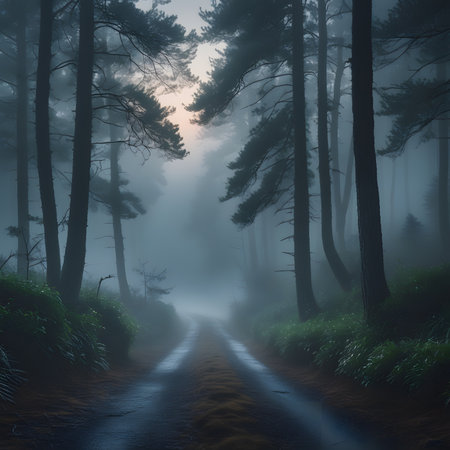 Foggy dark forest road in the morning, 3d renderの素材