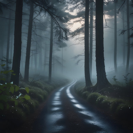 Mysterious foggy forest road in the dark. 3D renderingの素材