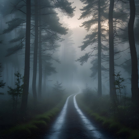 Mysterious forest road in the morning mist. Magical foggy landscape.の素材