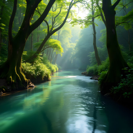 Beautiful green forest landscape with a river flowing through the forest.の素材