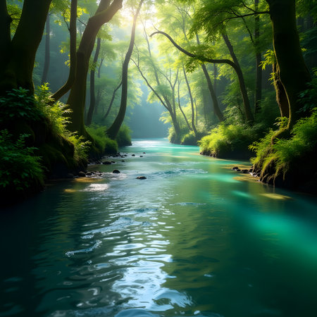 Beautiful summer landscape with a river flowing through a green forest.の素材