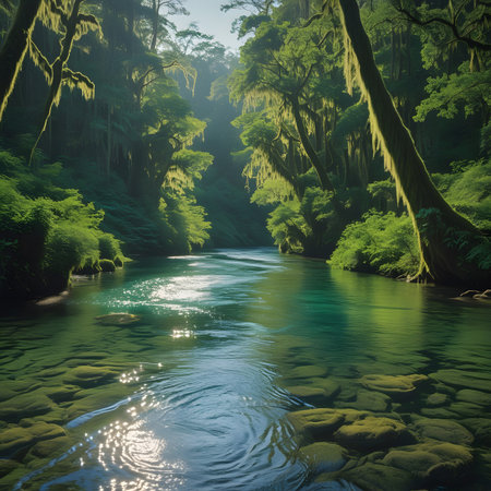 Beautiful green forest landscape with a river flowing through the woods.の素材