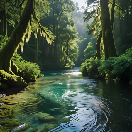 Beautiful green forest with a river flowing through it in the morningの素材