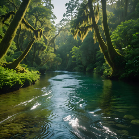 Beautiful green forest with a river flowing through it, New Zealandの素材