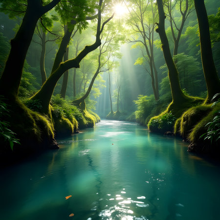 Fresh green forest with river and sunbeams. Nature composition.の素材