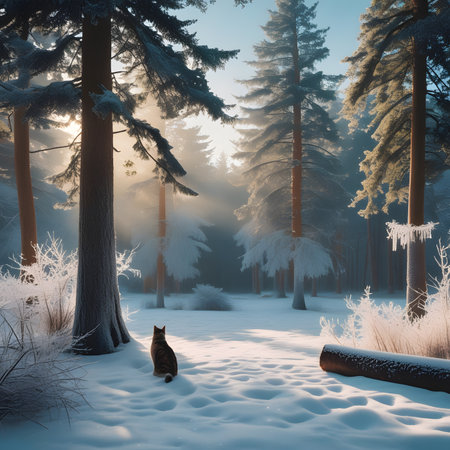Winter landscape with a cat in a snowy forest. 3d renderの素材