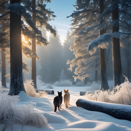 Two cats walking in the winter forest at sunset. 3D renderingの素材