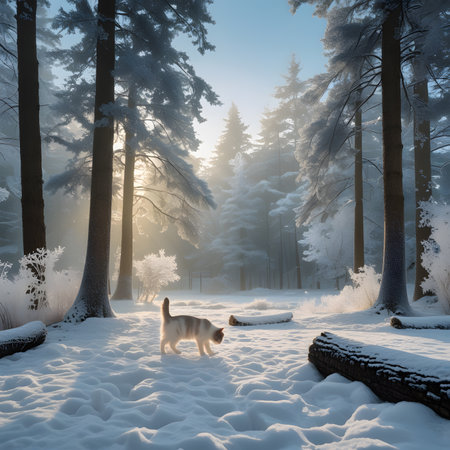 Winter landscape with a dog in a snowy forest. 3d renderの素材