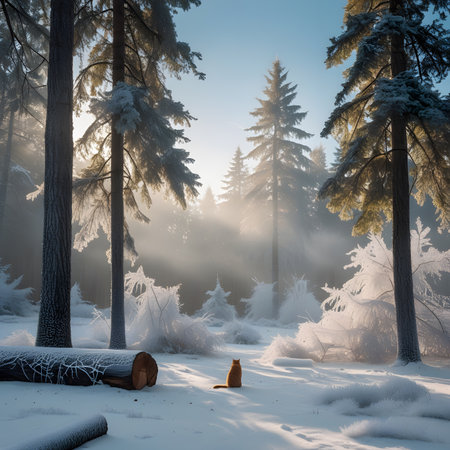 Foggy winter forest with snow covered tree trunks and spruce treesの素材