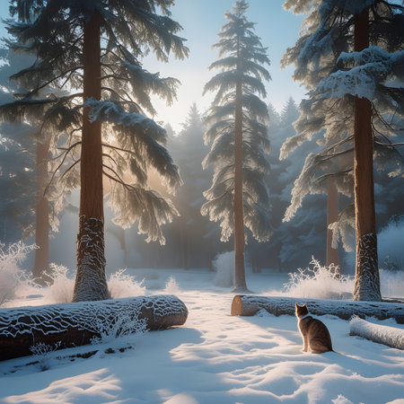 Cat in the winter forest. Beautiful winter landscape with a cat.の素材