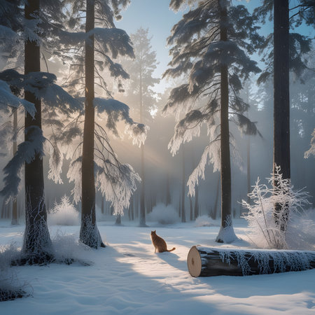 Foggy winter landscape with a red cat in the forest.の素材