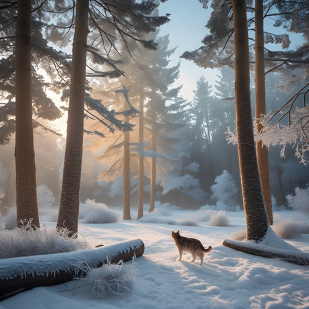 Winter landscape with a cat in the forest. 3d render.の素材