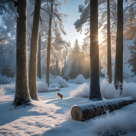 Foggy winter forest with snow covered trees and a wooden logの素材
