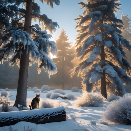 Winter landscape with a cat in the snow and pine trees at sunsetの素材