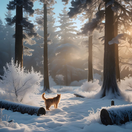 Red cat walking in the winter forest. Sunset. 3d renderの素材