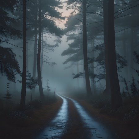 Mysterious dark forest with road in the fog, 3d renderの素材