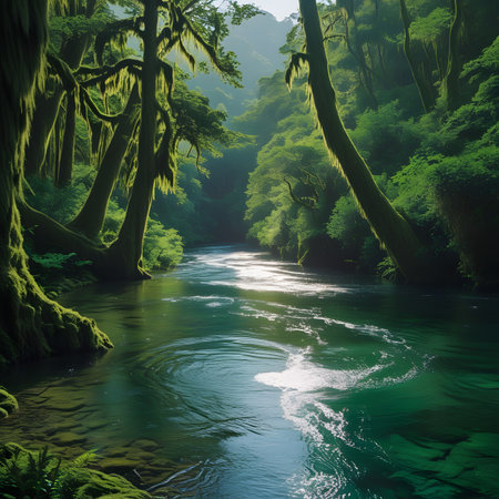 Beautiful view of the river flowing through the forest in the morningの素材