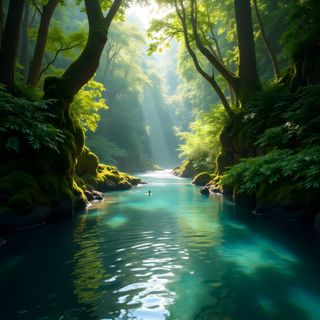 Beautiful summer landscape with a river flowing through a green forest.の素材