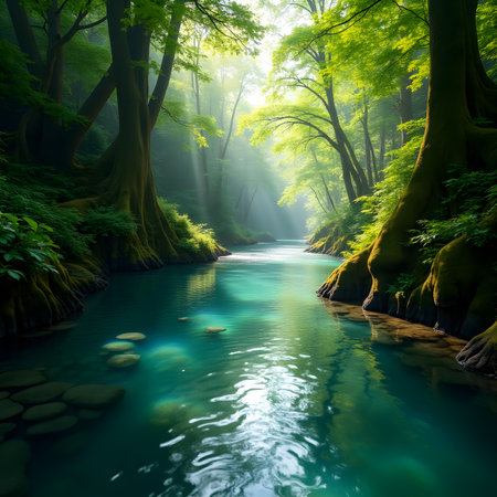 Oirase Gorge in summer, flowing through the green forest.の素材