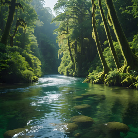 Beautiful view of the emerald green forest with a mountain riverの素材