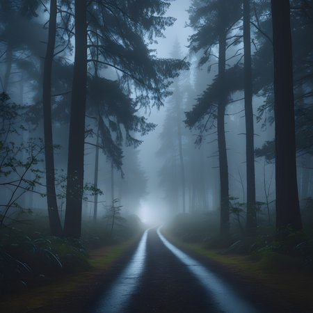 Mysterious dark forest road in the morning fog, 3d renderの素材